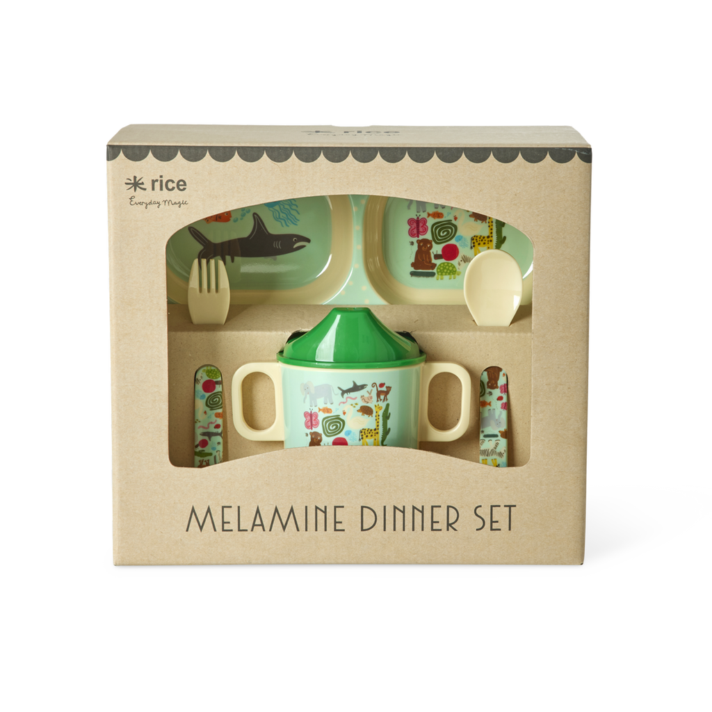 Melamine Baby Dinner Set in Gift Box - Mint Wildlife Print - 4 pcs